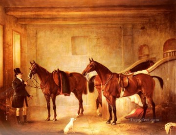 動物 Painting - サー・ジョン・ソロルド・ベイ・ハンターと新郎を馬小屋に乗せるジョン・ファーニーリー・シニア